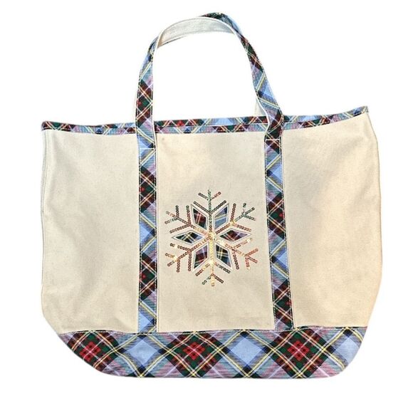 Lands End Canvas Tote Bag Snowflake Plaid Holiday Sequin Christmas Cotton - Picture 14 of 14